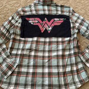 George Button Down Flannel Shirt Graphic Wonder Woman on Back Shacket Upcycled